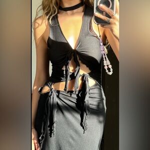 Anna Sui Black Sheath Choker V-neck Dress Sz L